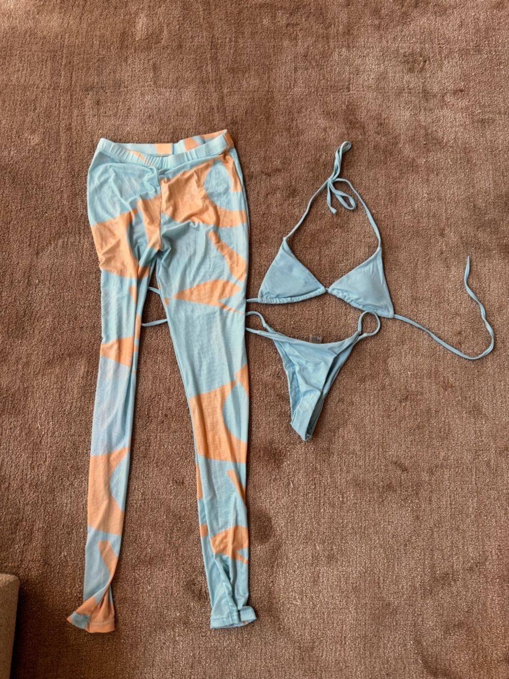 Light Blue & Peach Two-Tone Bikini Set with Matching Leggings
